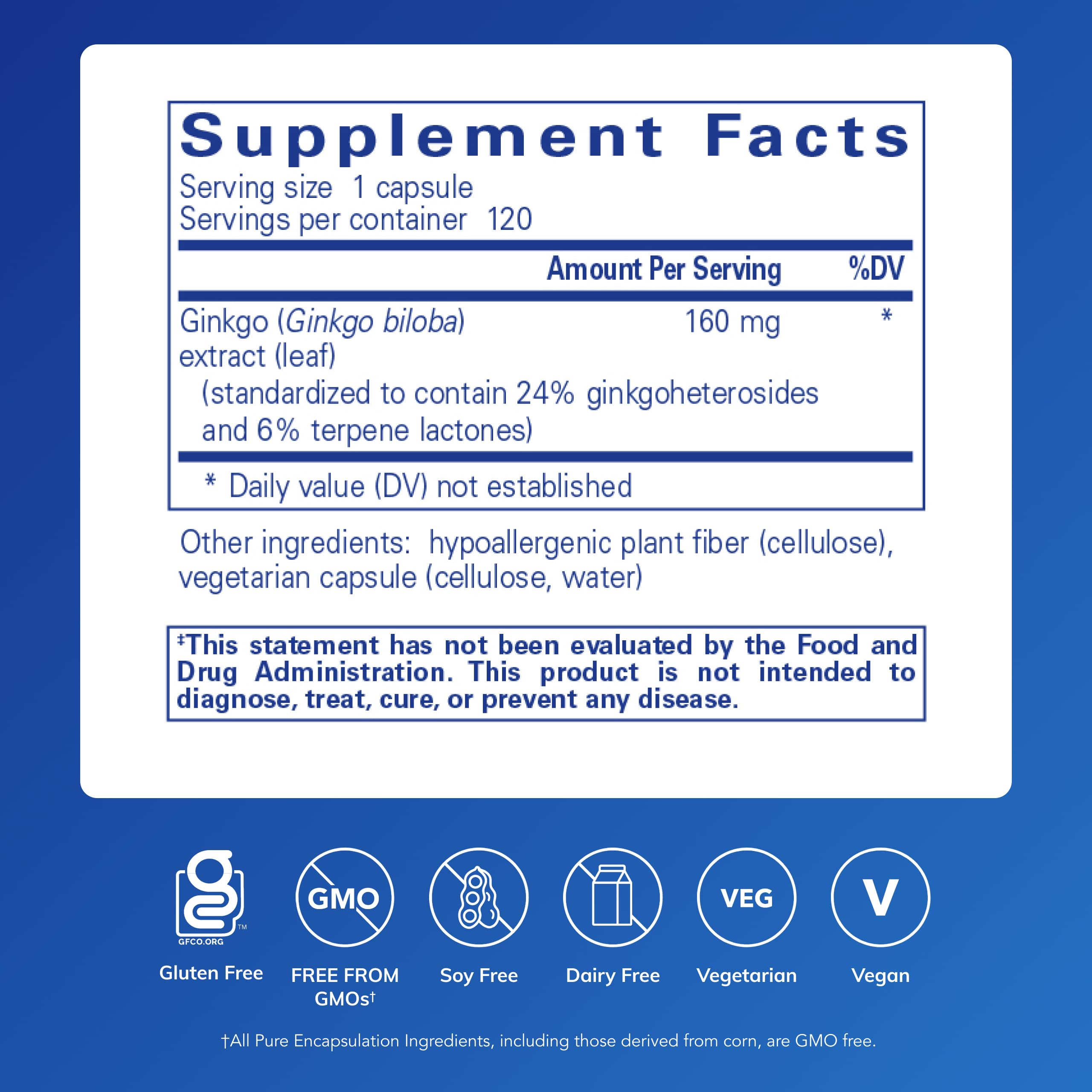 Pure Encapsulations Ginkgo capsules close-up showing easy daily brain support.