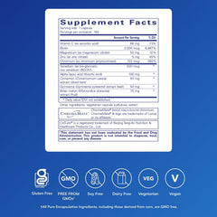 GlucoFunction label close-up highlights ingredients aiding healthy carbohydrate metabolism.