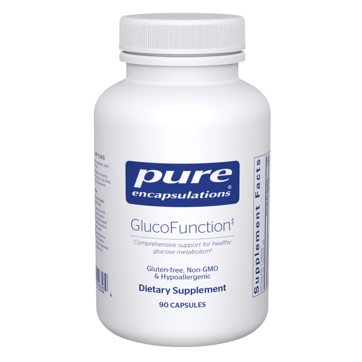 Pure Encapsulations GlucoFunction bottle shows balanced carbohydrate metabolism support.