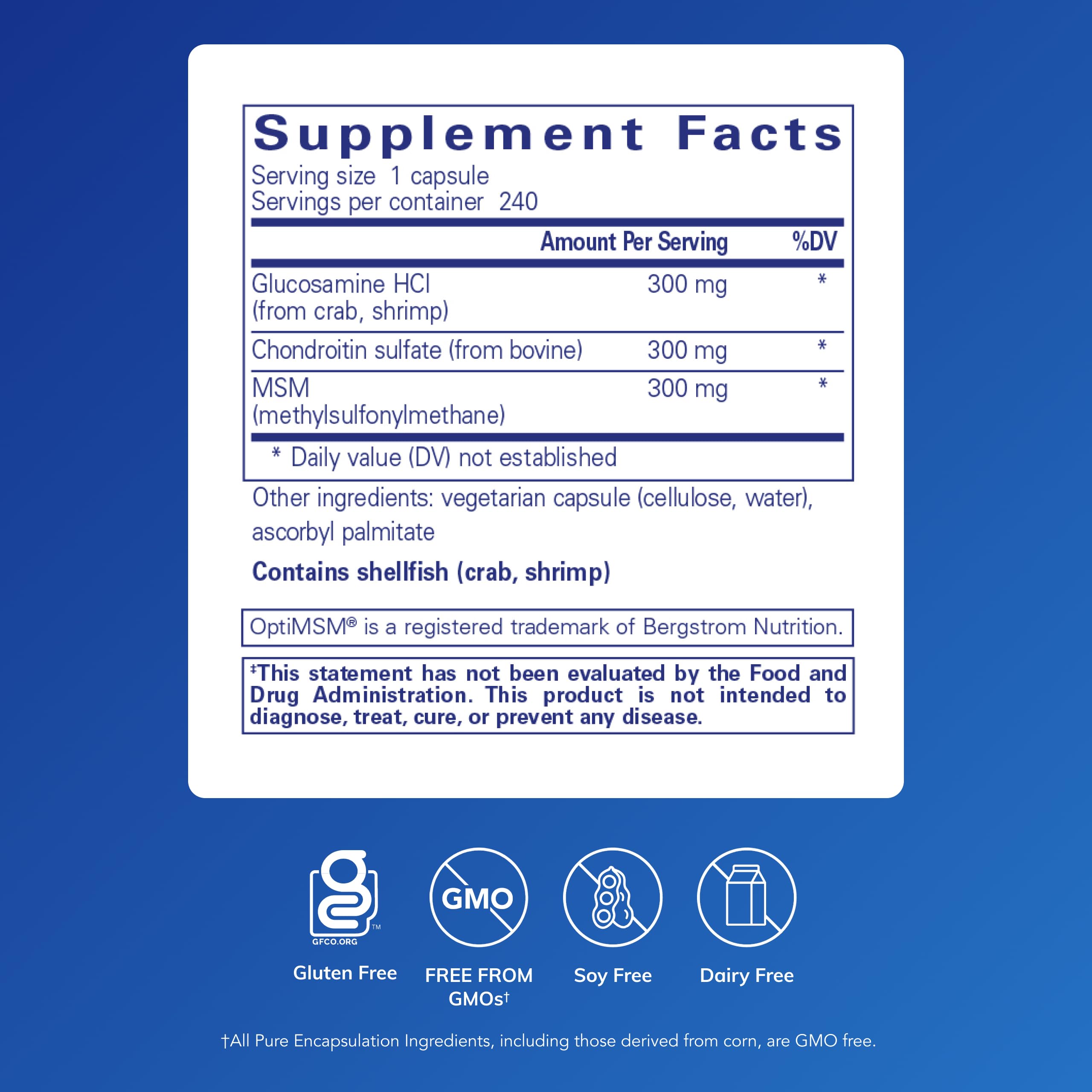 Capsules closeup shows 300 mg glucosamine and chondroitin per serving for joint care.