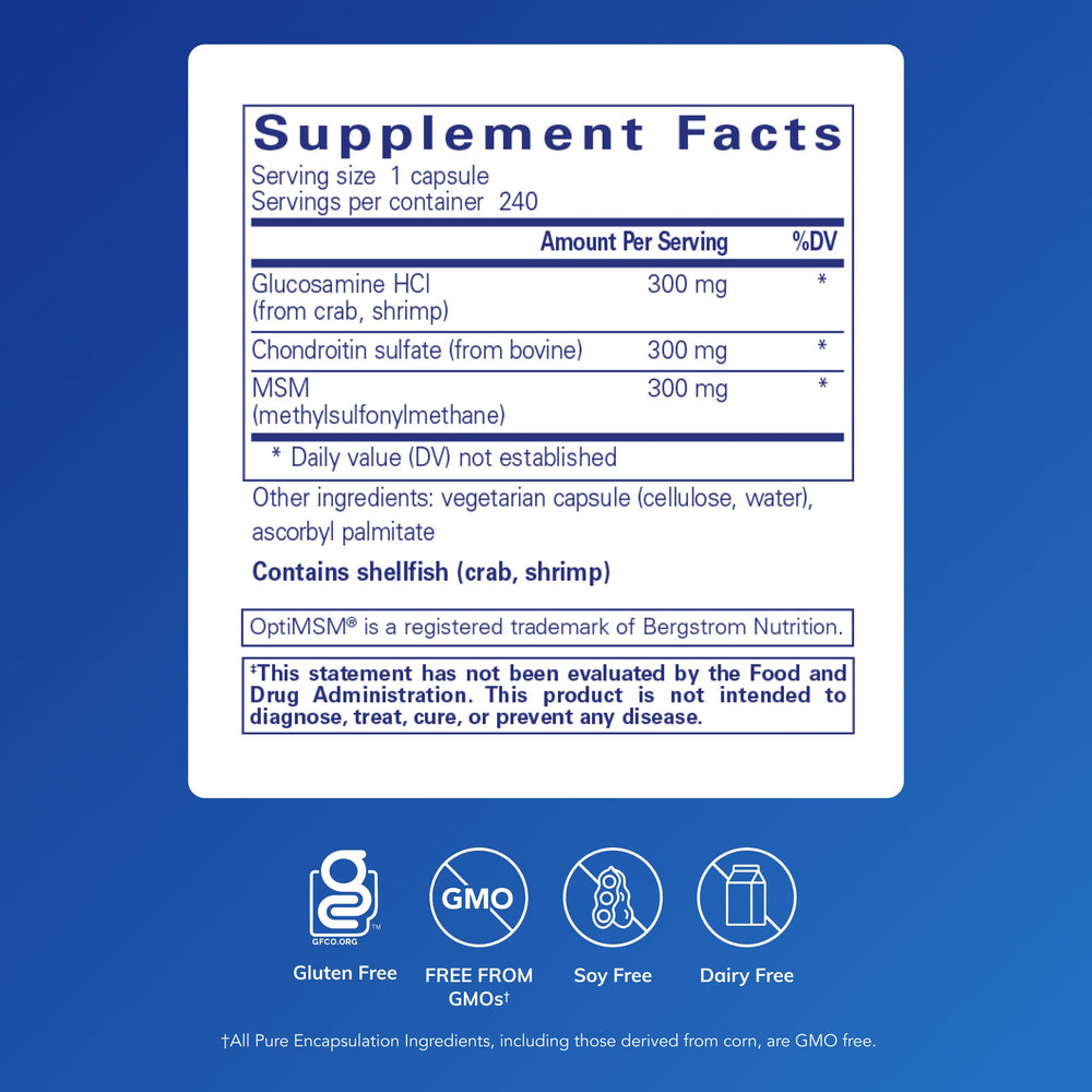 Capsules closeup shows 300 mg glucosamine and chondroitin per serving for joint care.