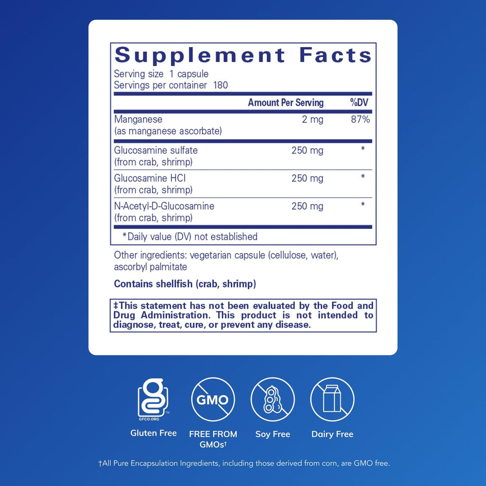 Pure Encapsulations Glucosamine Complex bottle back label detailing ingredients for cartilage support.