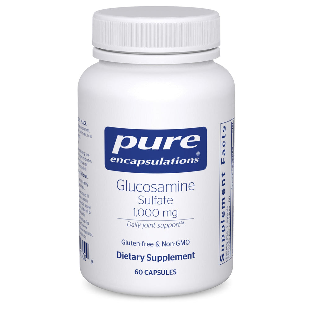Pure Encapsulations Glucosamine sulfate 1000 mg bottle label highlighting joint support.