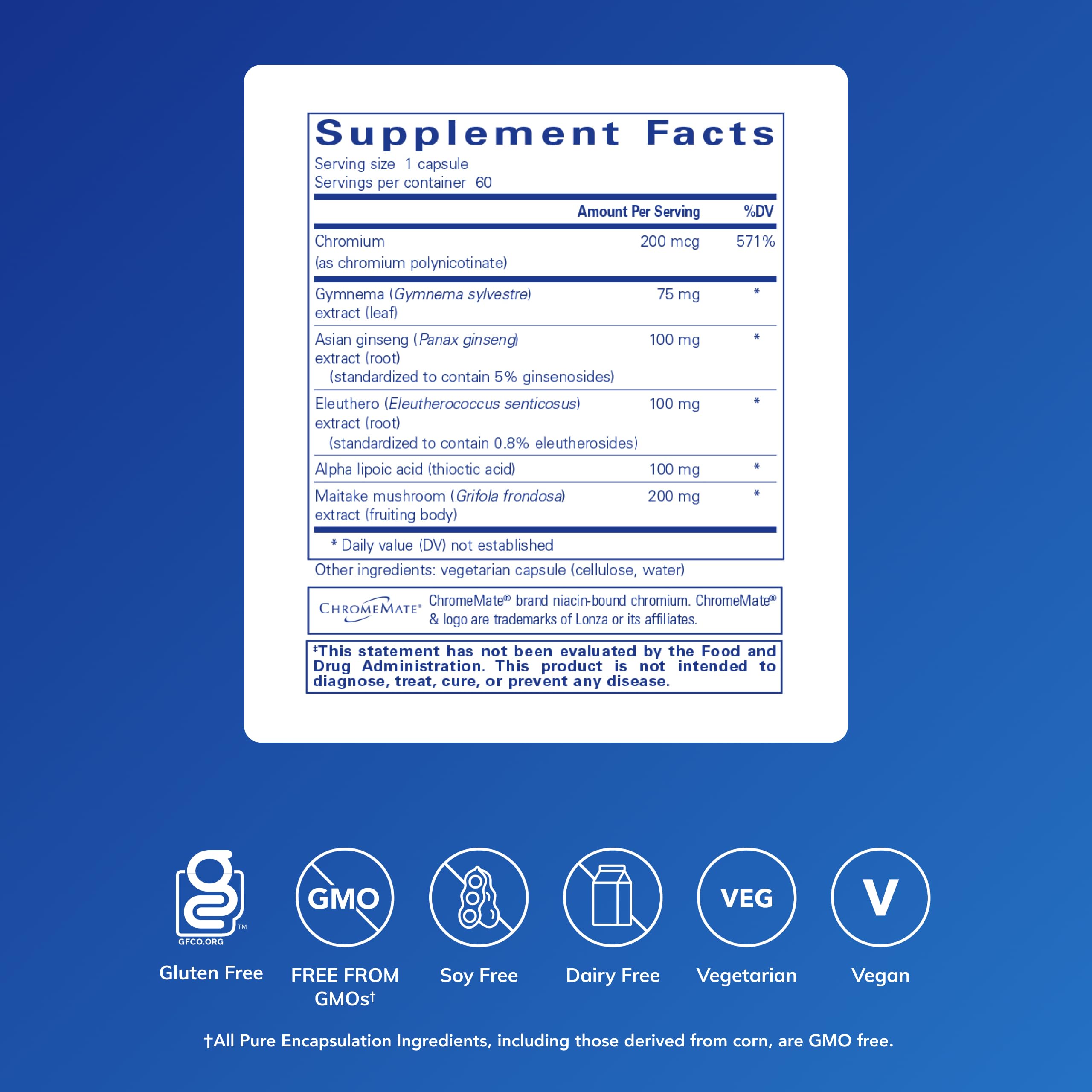 Label close up of Pure Encapsulations Glucose Support Formula hypoallergenic ingredients