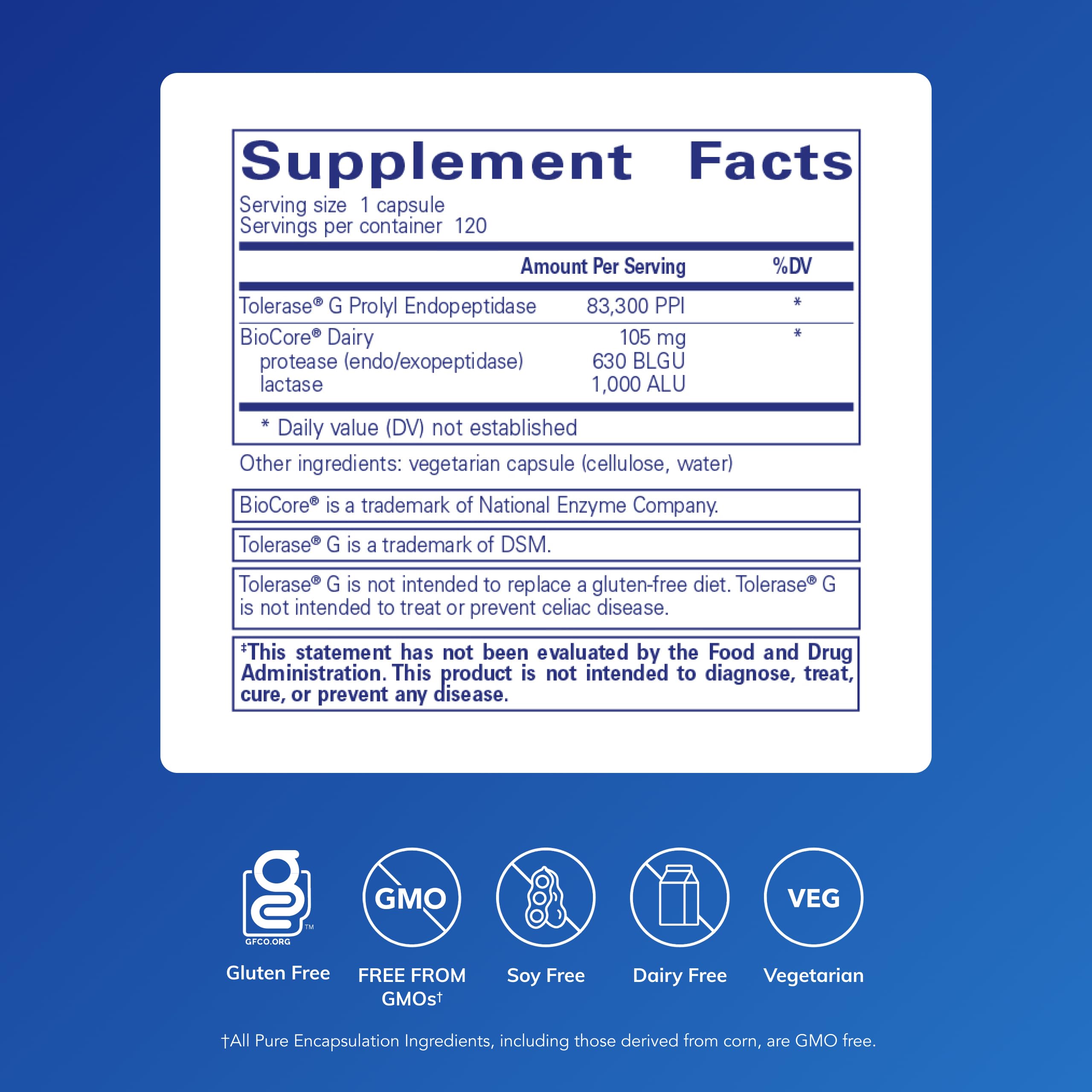 Pure Encapsulations Gluten/Dairy Digest capsules close-up highlighting easy-to-swallow form.