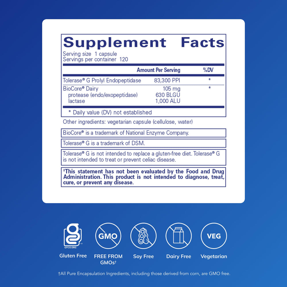 Pure Encapsulations Gluten/Dairy Digest capsules close-up highlighting easy-to-swallow form.