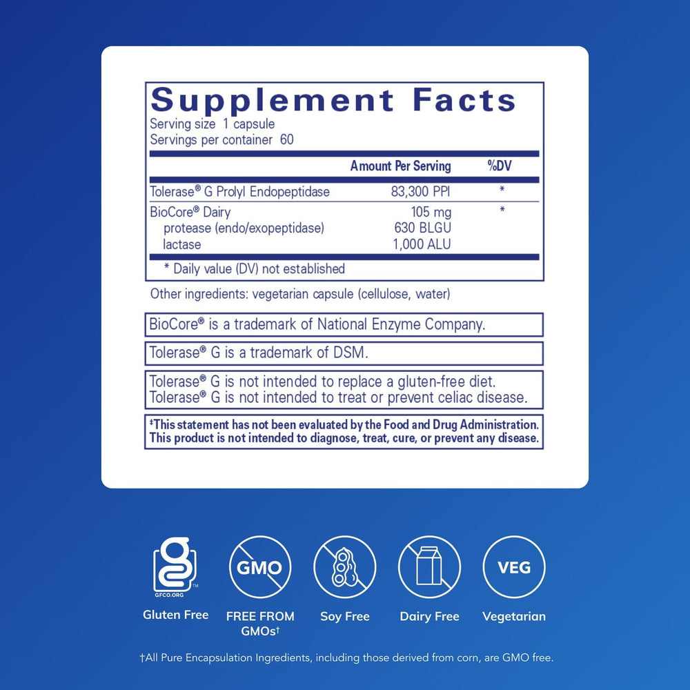 Pure Encapsulations Gluten/Dairy Digest capsules designed for gluten and dairy digestion