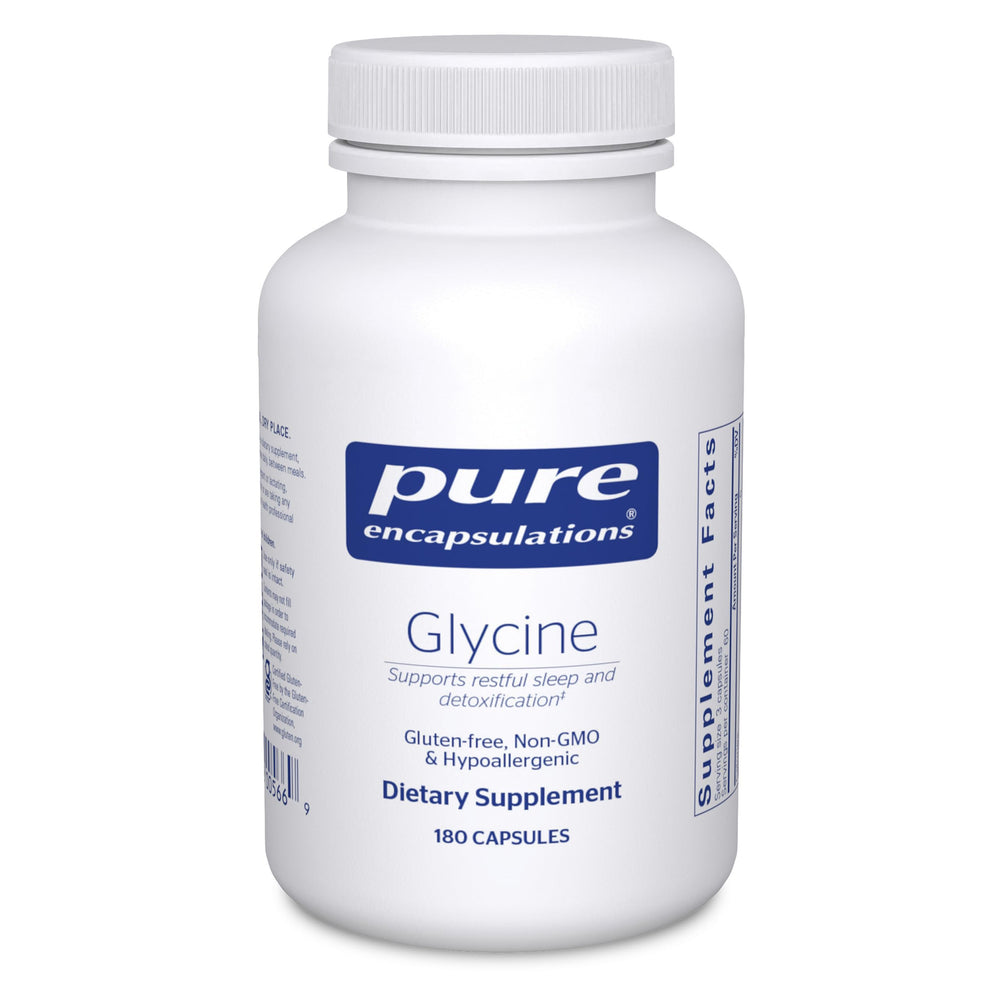Pure Encapsulations Glycine bottle label highlighting clean, vegan sleep support.