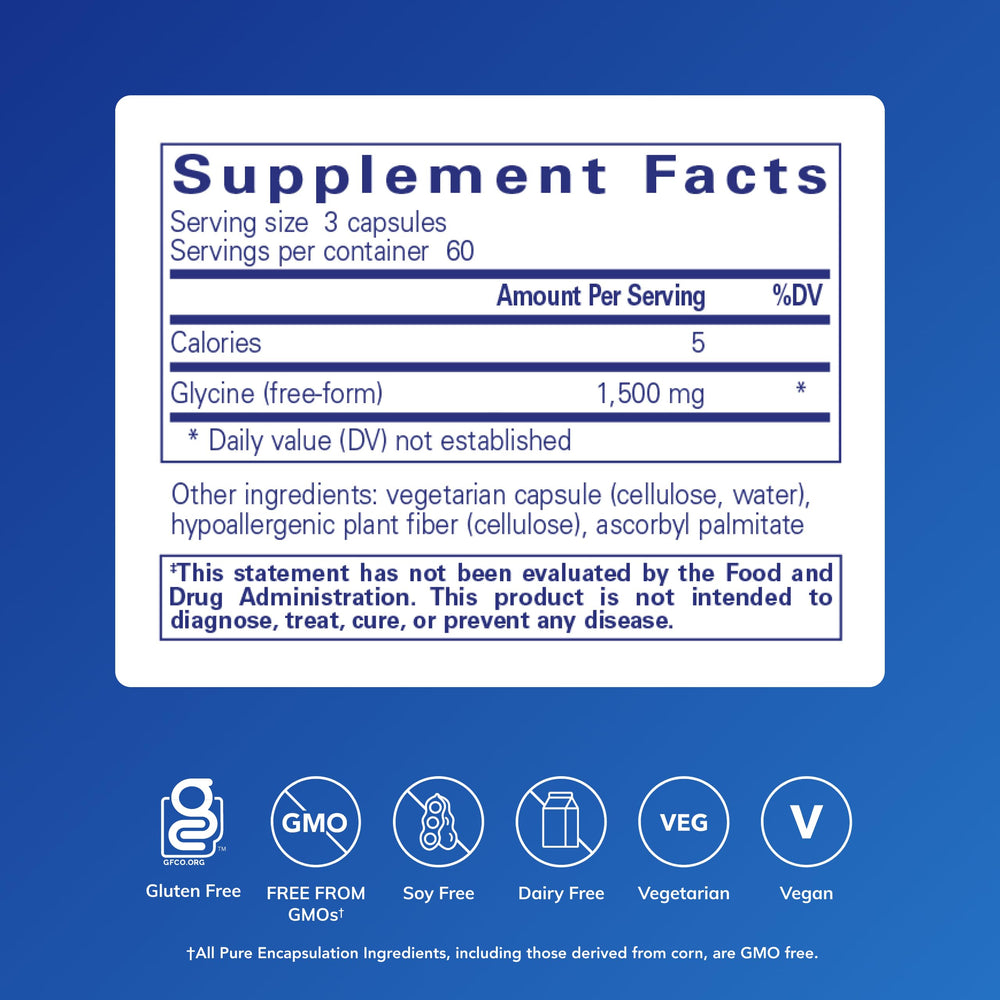 Pure Encapsulations Glycine capsules close-up showing allergen-free formula.