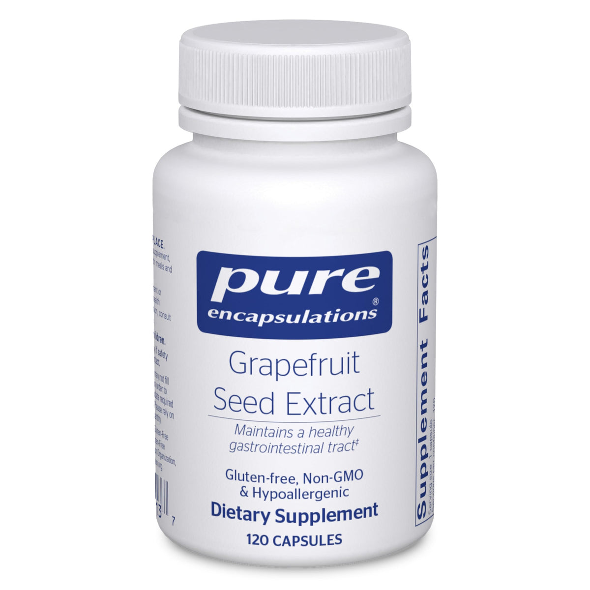 Pure Encapsulations Grapefruit Seed Extract bottle highlighting premium GI support for gut comfort.