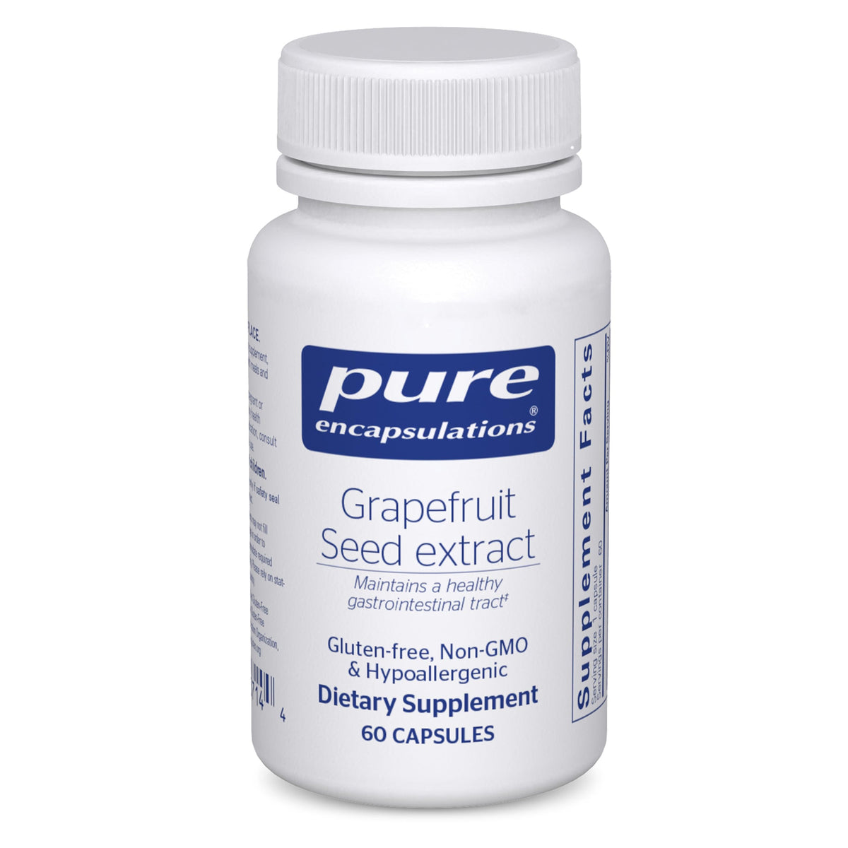 Pure Encapsulations Grapefruit Seed Extract bottle with label highlighting pure ingredients for gut support.