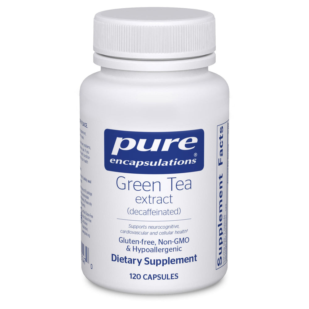 Pure Encapsulations Green Tea Extract decaf bottle showcasing antioxidant support.