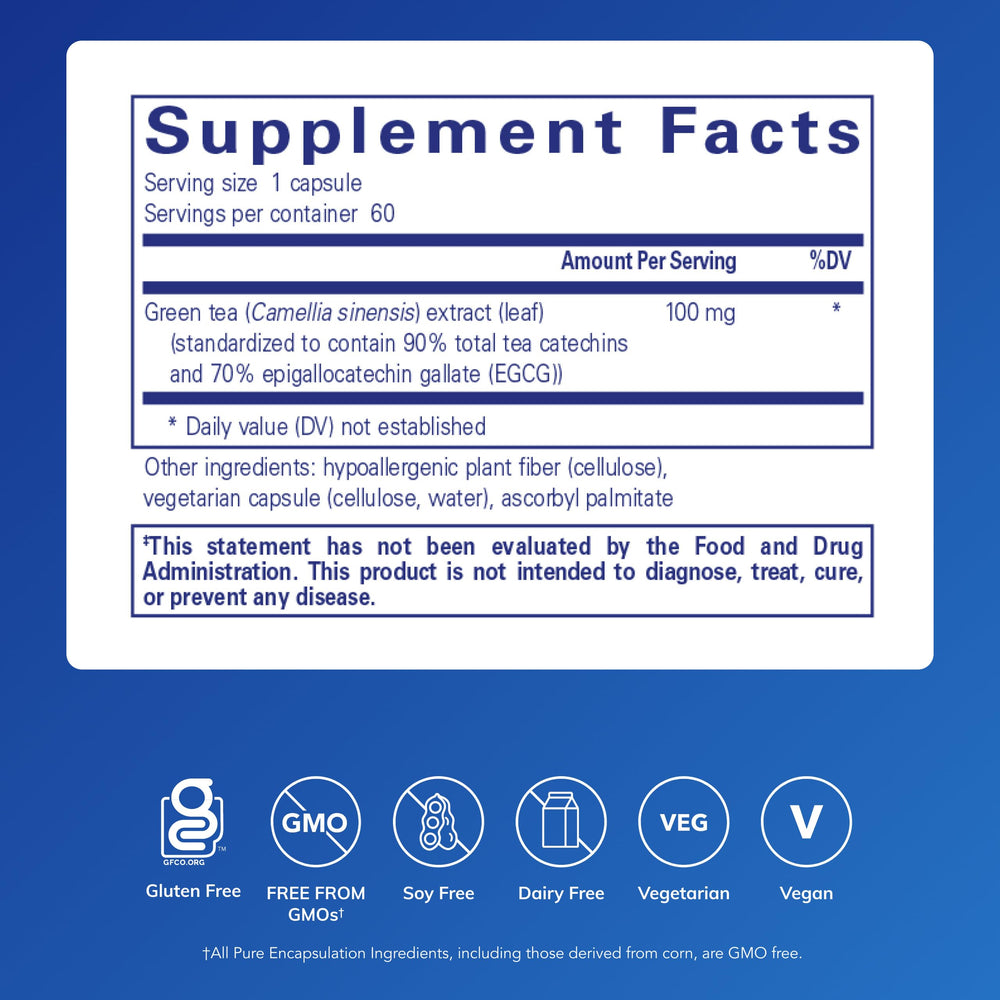 Pure Encapsulations Green Tea Extract Decaf capsules in bottle highlight caffeine-free polyphenols