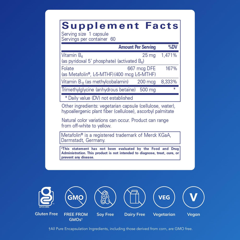 Pure Encapsulations Homocysteine Factors bottle back lists ingredients and directions
