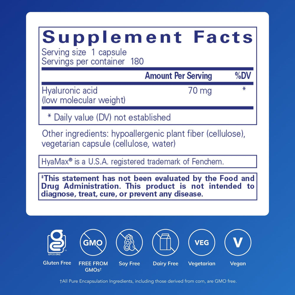 Pure Encapsulations Hyaluronic Acid capsules close-up, convenient vegan supplement