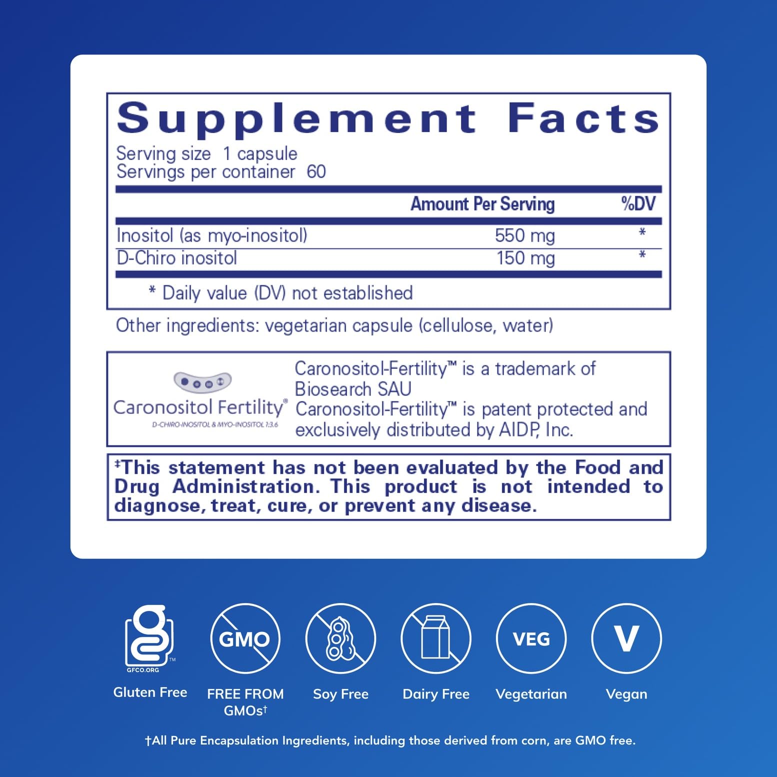 Pure Encapsulations Inositol Complex bottle back with supplement facts for informed wellness.