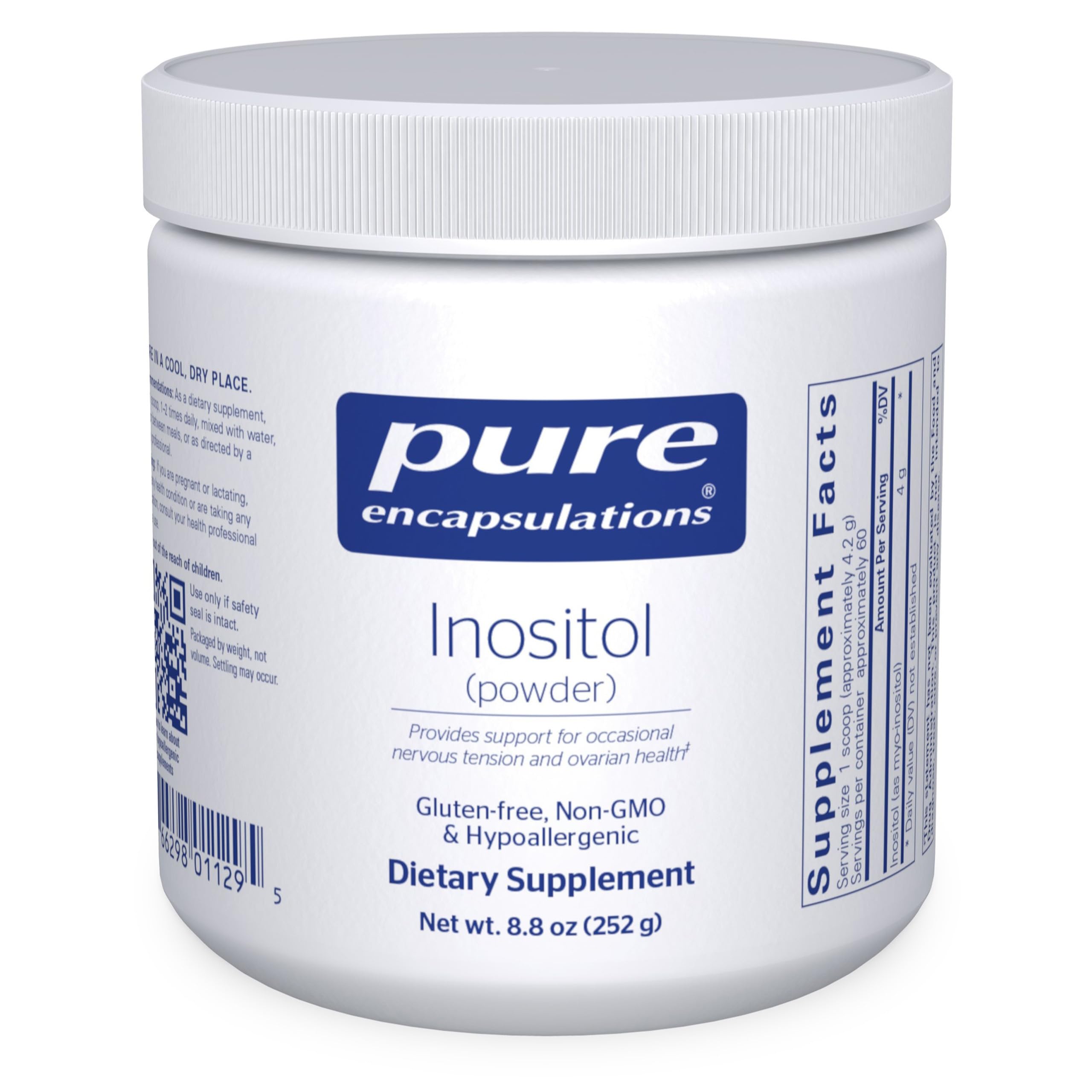 Pure Encapsulations Inositol powder tub front label for energy support.