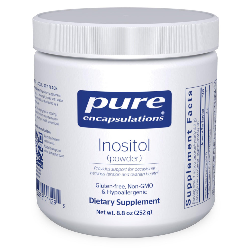 Pure Encapsulations Inositol powder tub front label for energy support.