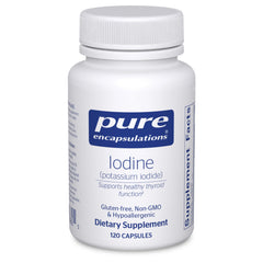 Pure Encapsulations Iodine bottle close-up signaling thyroid support and premium quality.