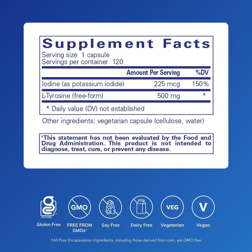 Capsules closeup of Pure Encapsulations Iodine and Tyrosine showing hypoallergenic formula