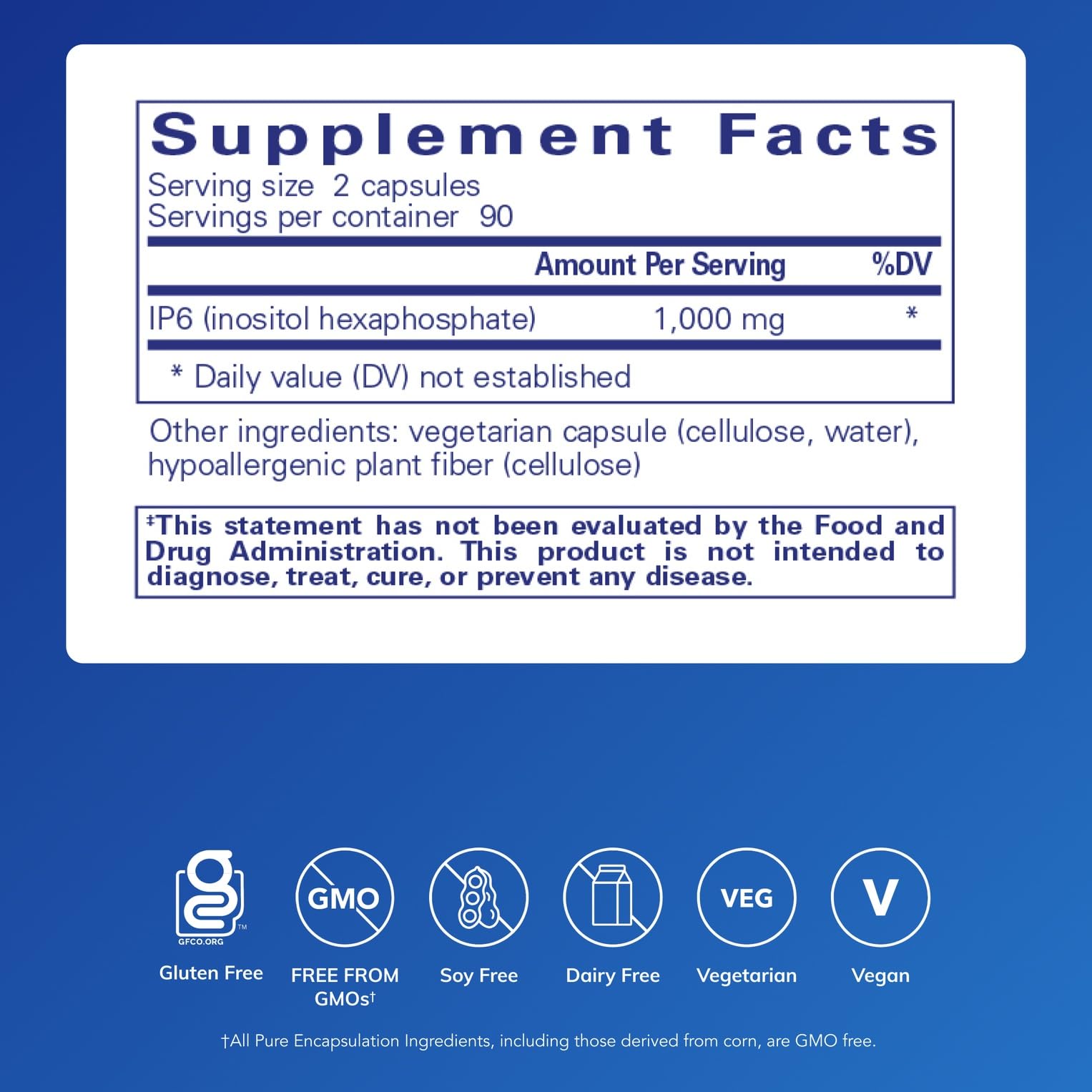 Pure Encapsulations IP6 bottle label detail emphasizes purity and allergen-free formula