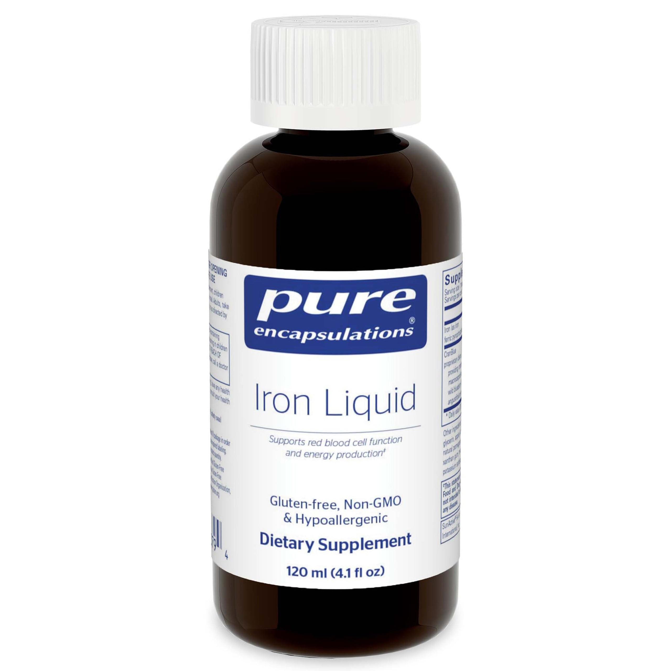 Pure Encapsulations Iron Liquid bottle shown for daily iron support.