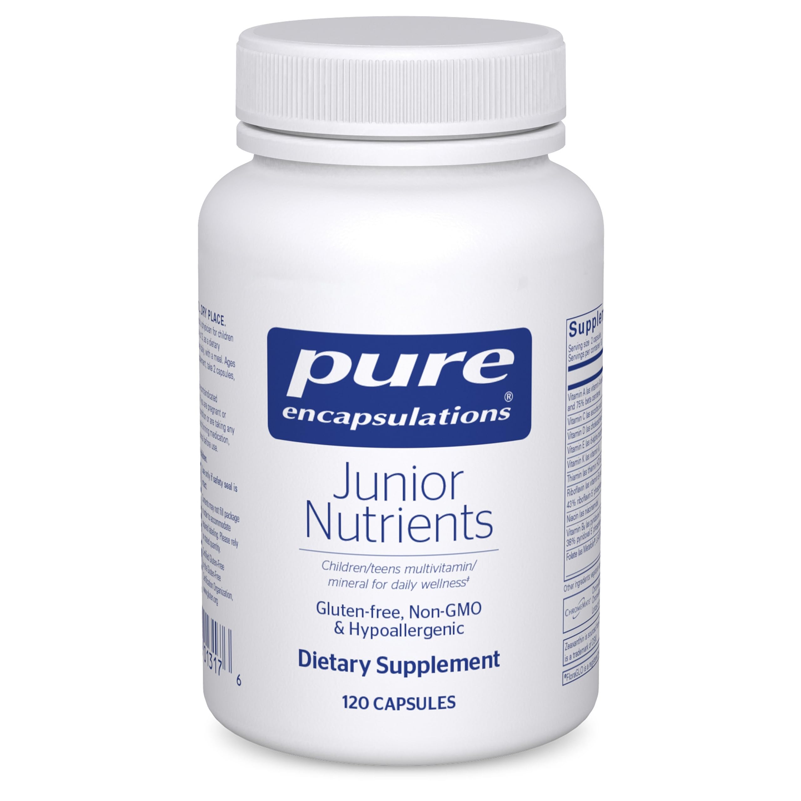 Pure Encapsulations Junior Nutrients bottle front for kids and teens, iron-free multivitamin.