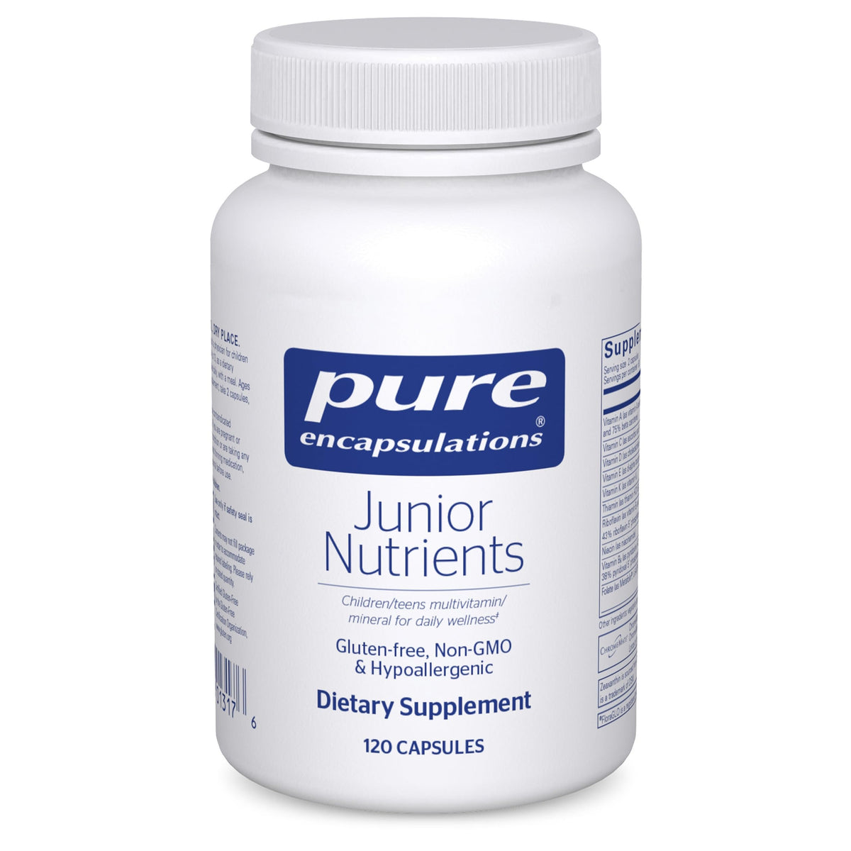 Pure Encapsulations Junior Nutrients bottle front for kids and teens, iron-free multivitamin.
