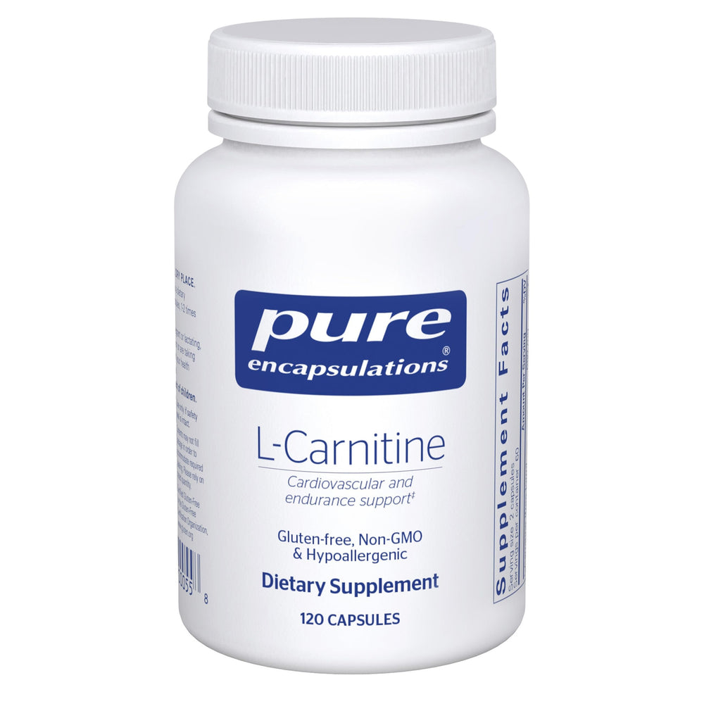 Pure Encapsulations L-Carnitine bottle label highlights premium ingredients for quality.
