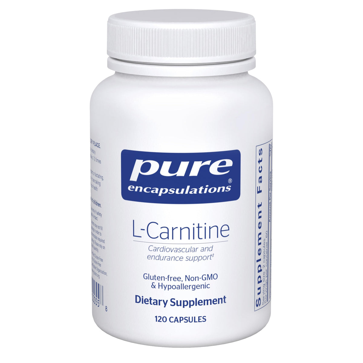 Pure Encapsulations L-Carnitine bottle label highlights premium ingredients for quality.