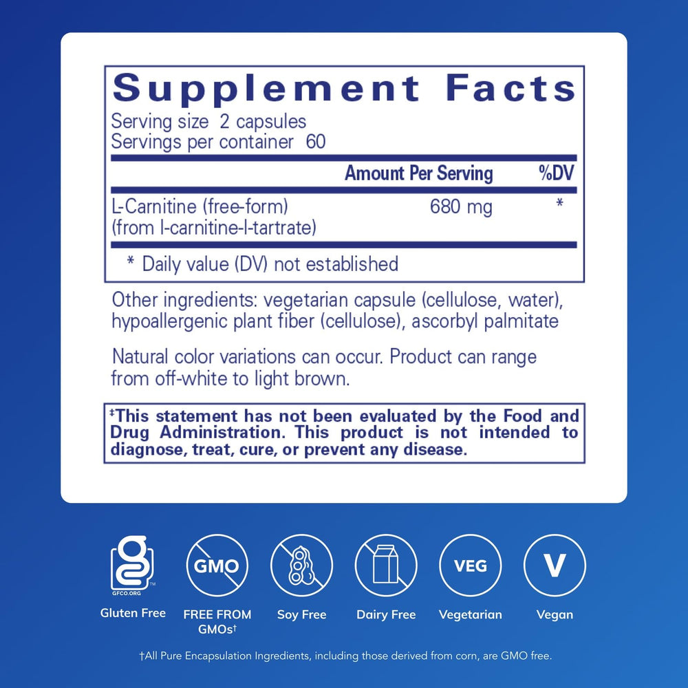 Pure Encapsulations L-Carnitine capsules close-up shows an easy-to-swallow form.
