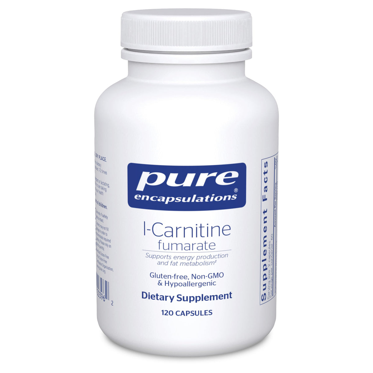 Pure Encapsulations L-Carnitine Fumarate bottle shown, highlighting energy support for daily activity.