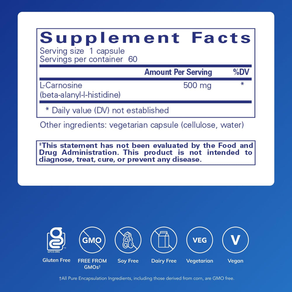 Pure Encapsulations L-Carnosine bottle back with ingredient panel and purity focus
