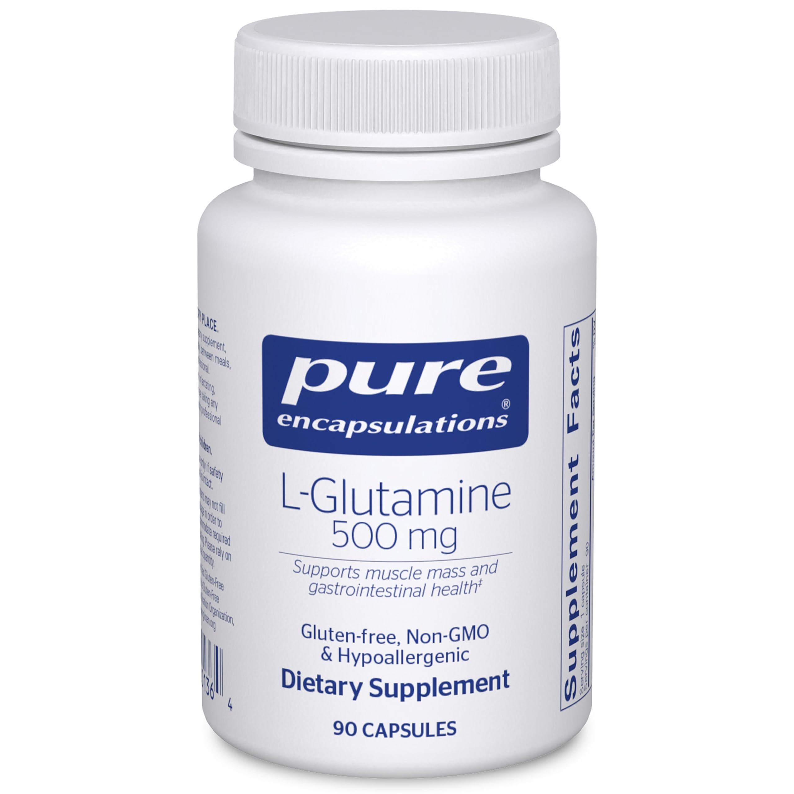 Pure Encapsulations L-Glutamine 500mg bottle front, a premium gut-support supplement.