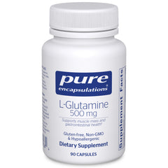 Pure Encapsulations L-Glutamine 500mg bottle front, a premium gut-support supplement.