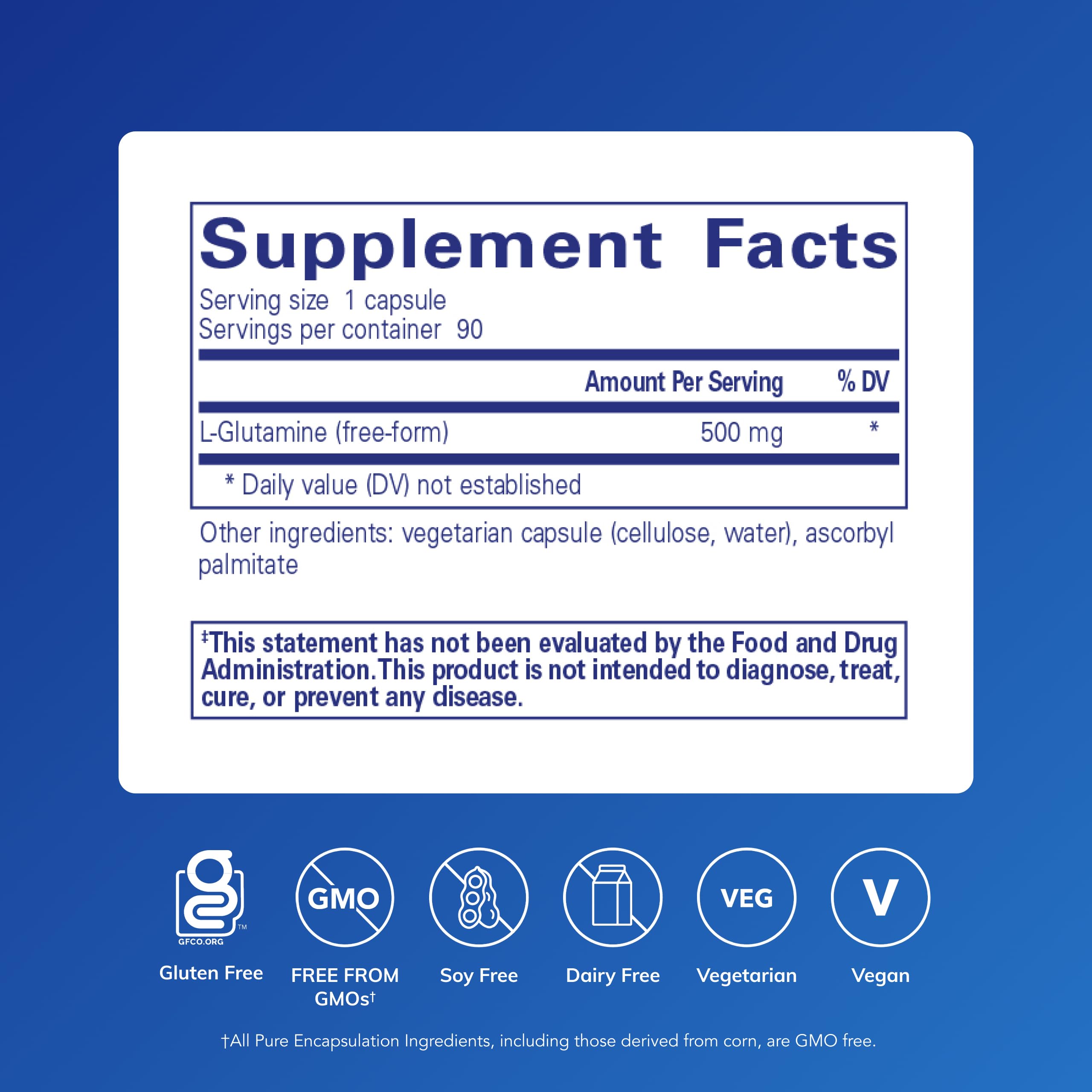 Pure Encapsulations L-Glutamine 500mg label closeup showing potency and ingredients.
