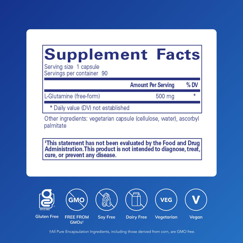 Pure Encapsulations L-Glutamine 500mg label closeup showing potency and ingredients.