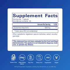 Pure Encapsulations L-Glutamine 500mg label closeup showing potency and ingredients.