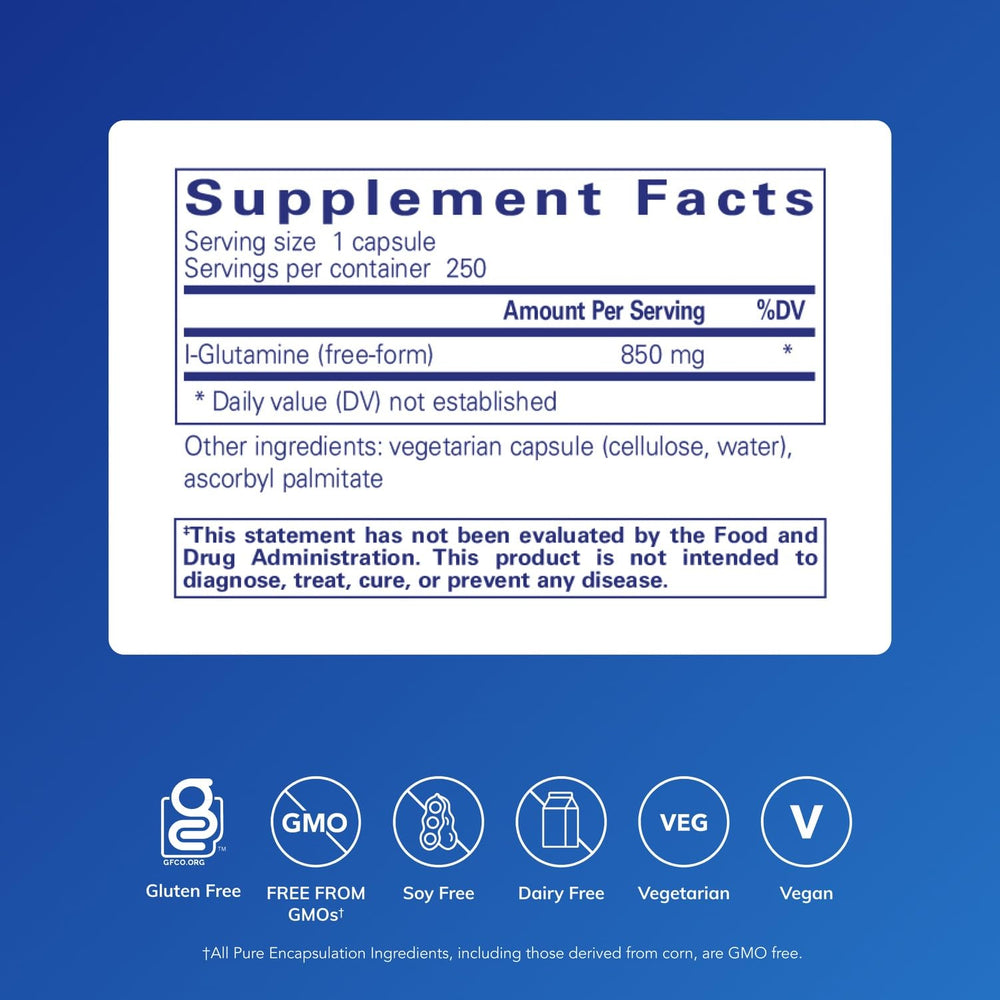 Close-up of Pure Encapsulations L-Glutamine capsules highlighting high-purity formulation.