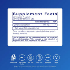 Close-up of Pure Encapsulations L-Glutamine capsules highlighting high-purity formulation.