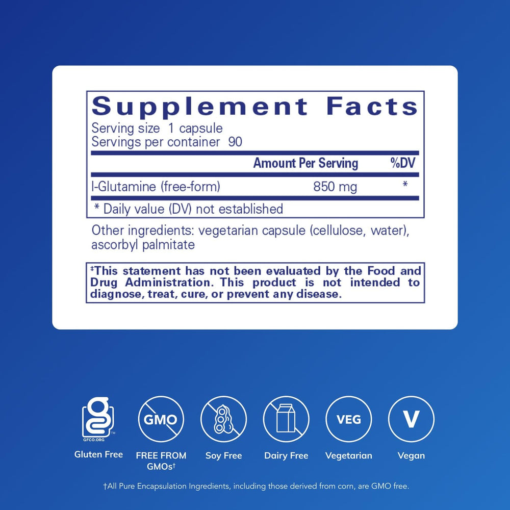 Pure Encapsulations L-Glutamine capsules close-up showing potency