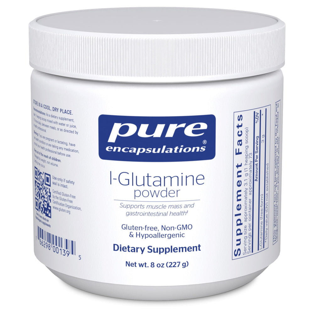 Pure Encapsulations L-Glutamine powder bottle supports gut lining health and overall wellness.