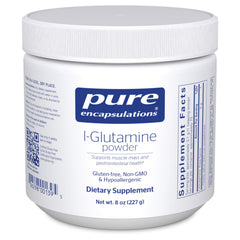 Pure Encapsulations L-Glutamine powder bottle supports gut lining health and overall wellness.