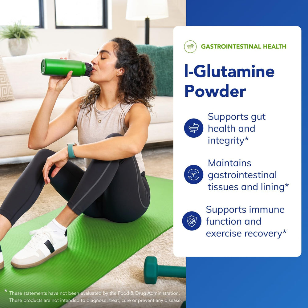 Close-up of Pure Encapsulations label highlights pure free-form L-glutamine for tissue support.