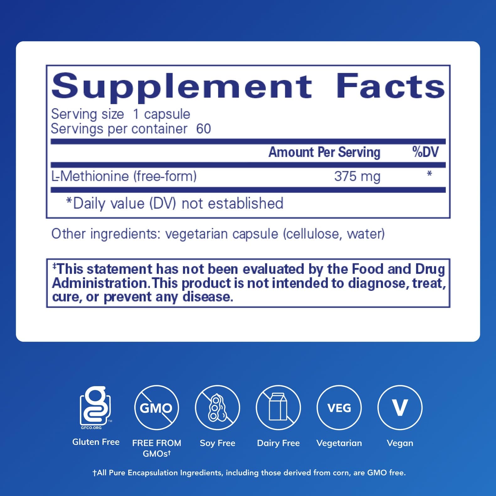 Pure Encapsulations L-Methionine capsules close-up, showing dosage clarity for daily use.