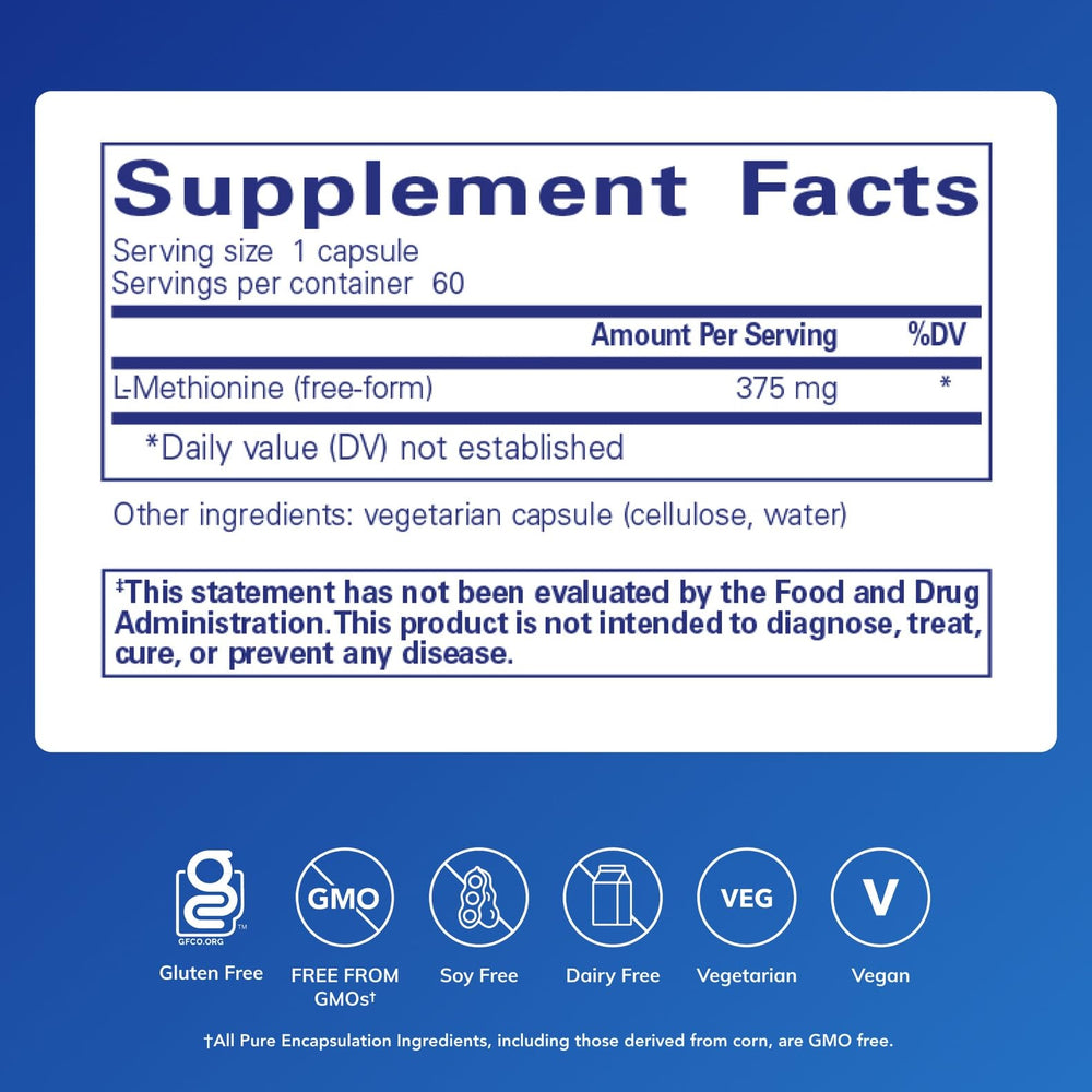 Pure Encapsulations L-Methionine capsules close-up, showing dosage clarity for daily use.