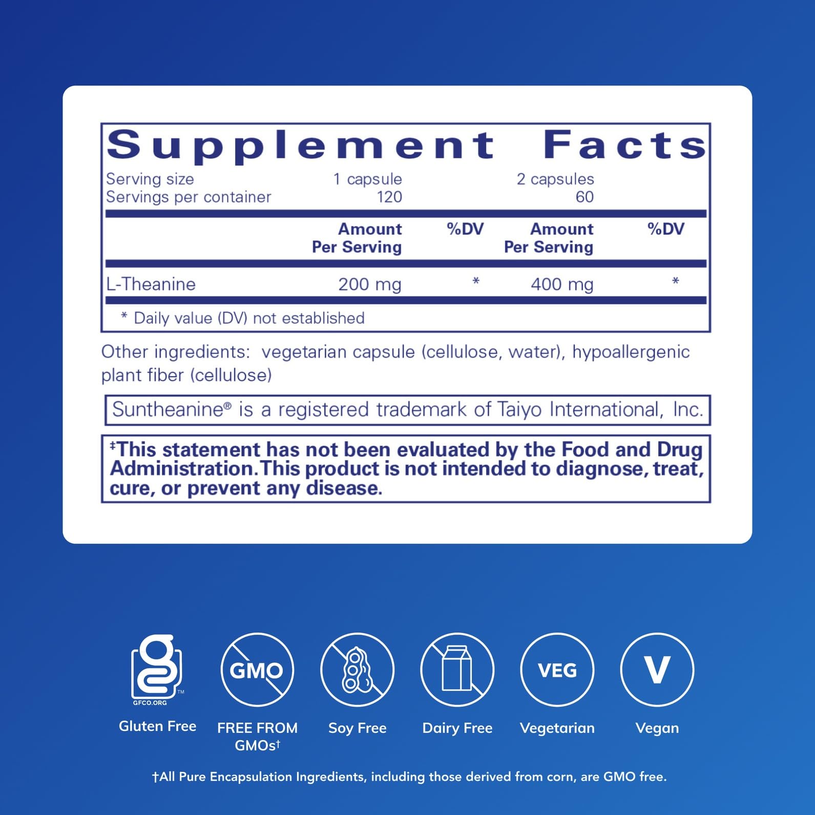 Pure Encapsulations L-Theanine bottle label highlighting allergen-free, pure ingredient formula