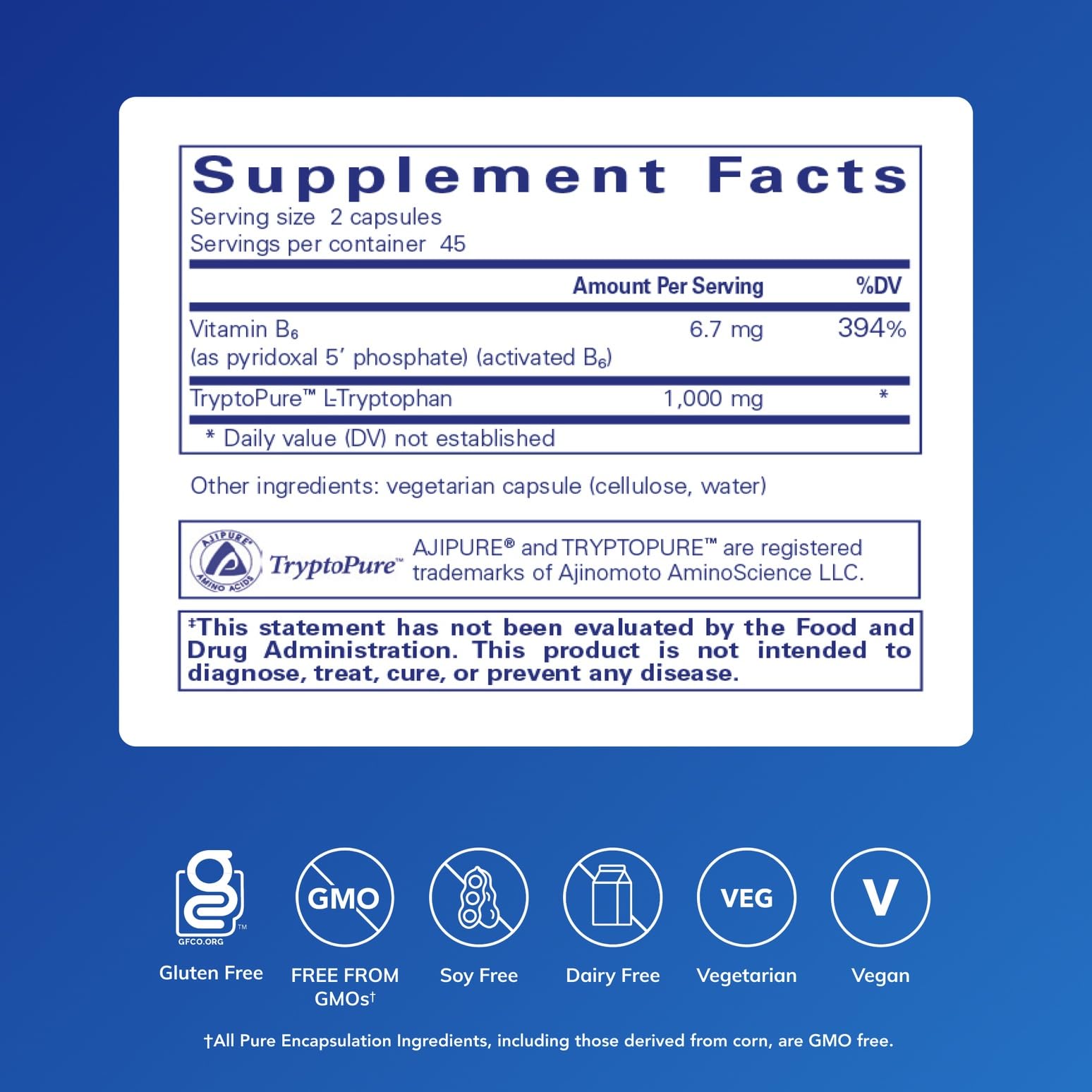 Pure Encapsulations L-Tryptophan capsules close-up for daily relaxation.