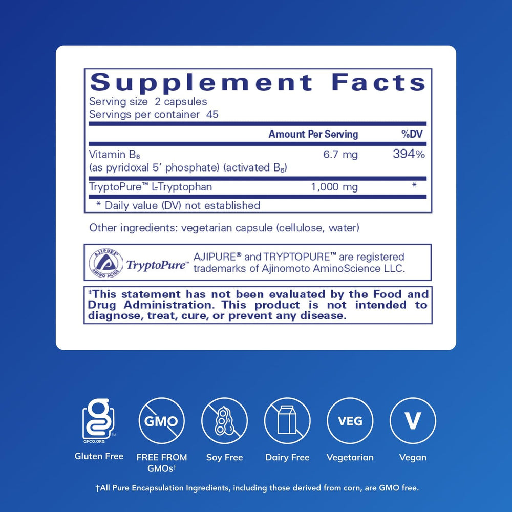 Pure Encapsulations L-Tryptophan capsules close-up for daily relaxation.