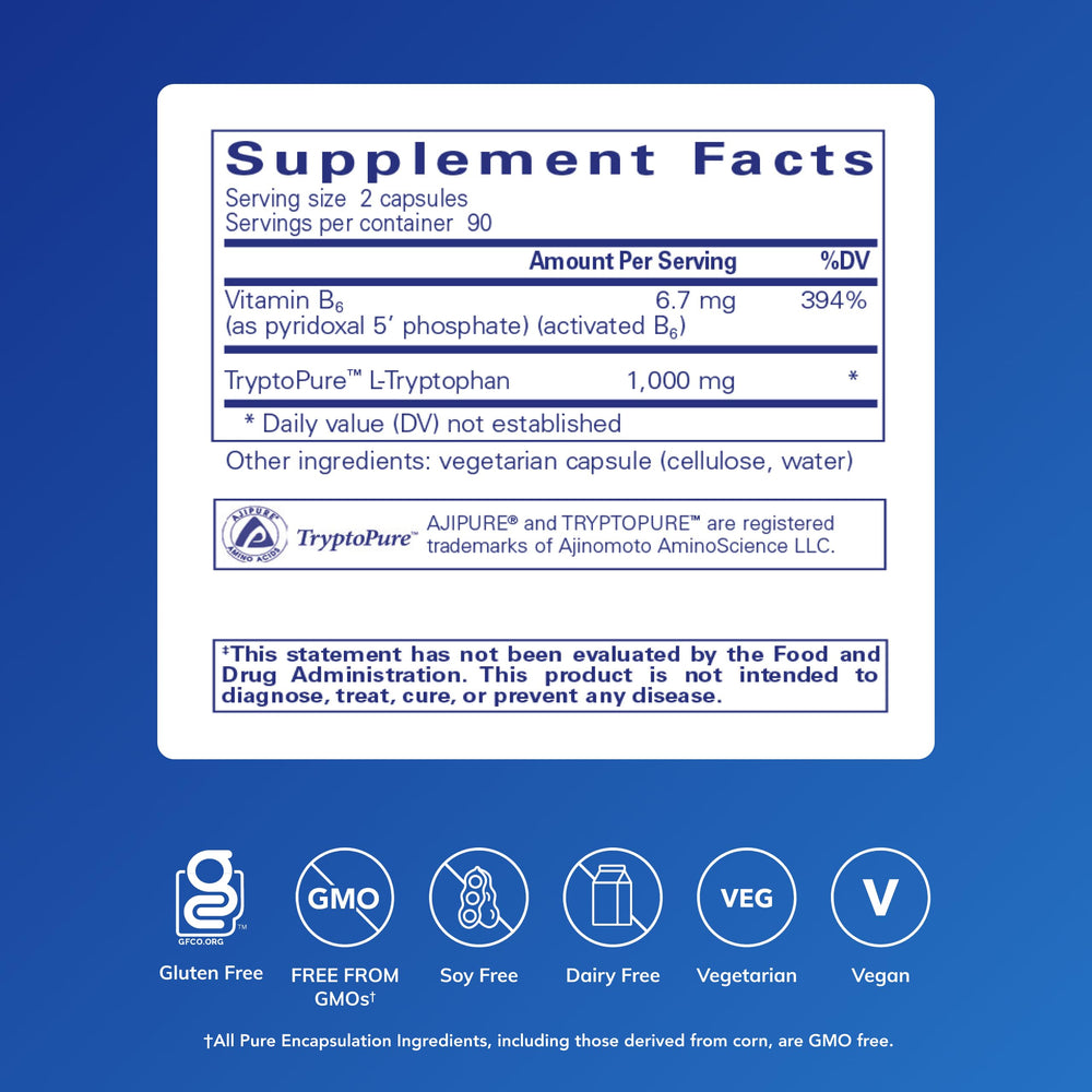 Close-up of Pure Encapsulations L-Tryptophan capsules supporting calm mood.